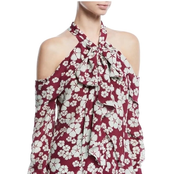 NWT Alexis Silk Tie Neck Cold Shoulder Floral Pink Berry Blouse Size XS - Picture 1 of 10